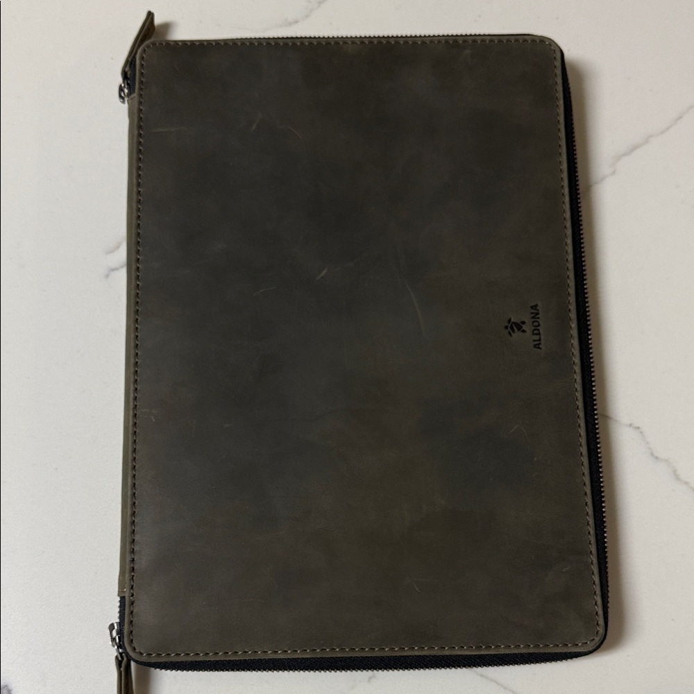 Gray Leather Aldona Laptop case, zippered. 13x9x1 in